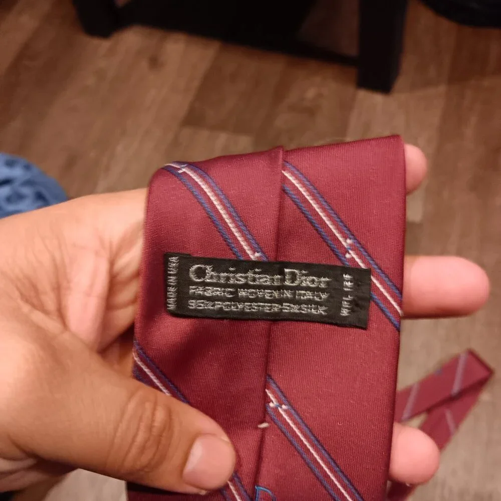 Vintage Christian Dior Designer Burgundy Brown Blue Stripe Silk Blend Tie Dad Me